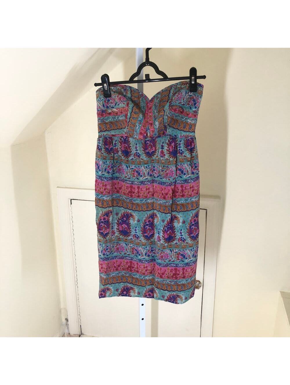 Anthropologie Maple EUC Women's Jewel Tone Paisley Silk Strapless Dress 4